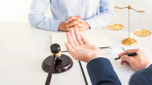 Male Lawyer Judge Consult Client Check Contract Papers Recommend Legal — Stock Photo, Image