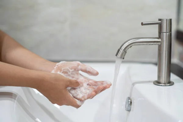 Tvätta Händerna Gnugga Med Tvål Lämplig Teknik Handfat För Antibakteriell — Stockfoto