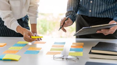 Yapışkan notlar yazan genç iş adamları, modern bir çalışma alanındaki meslektaşlarına yaratıcı beyin fırtınalarını hatırlatıyor.