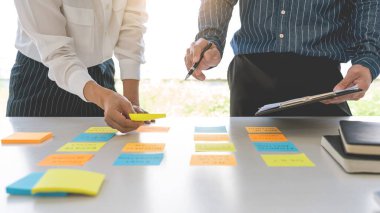 Yapışkan notlar yazan genç iş adamları, modern bir çalışma alanındaki meslektaşlarına yaratıcı beyin fırtınalarını hatırlatıyor.