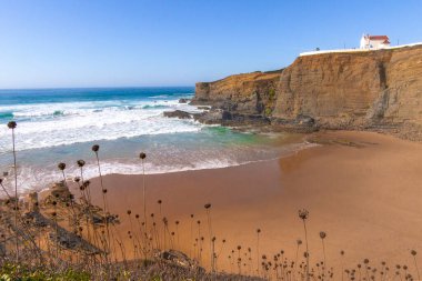 Pequea cala en la costa portuguesa con una iglesia sobre el acantilado y naturaleza muerta en primer plano