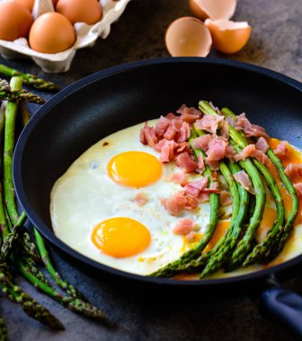 Bir tavada yumurta ile yeşil kuşkonmaz