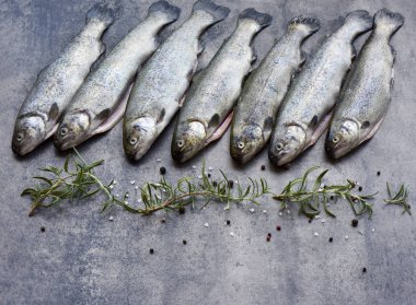 Taştan bir tahtada otlarla gökkuşağı alabalıkları