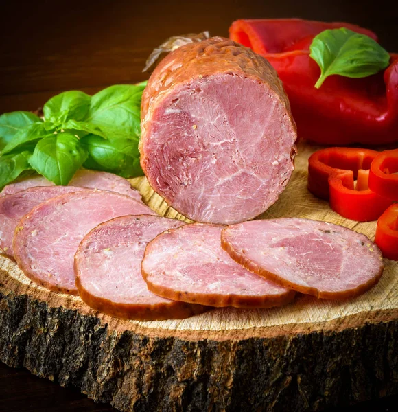 Smoked Sausage Lettuce Tomatoes Wooden Board — Stock Photo, Image