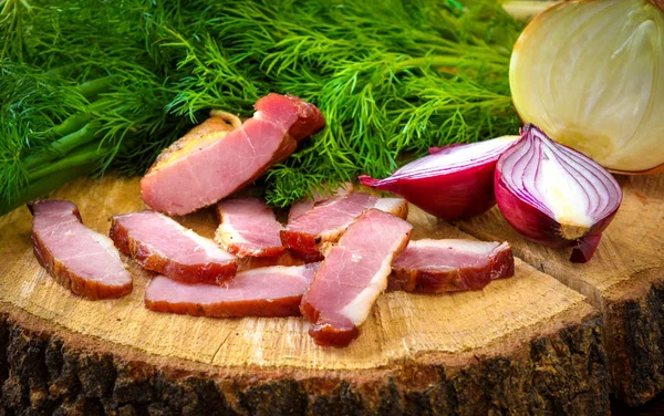 Bacon Onion Herbs Wooden Board Stump — Stock Photo, Image