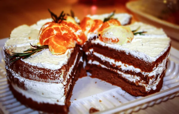 Sweet Dessert Tea Sponge Cake Tangerine Slices Close — Stock Photo, Image