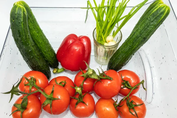 Fresh vegetables are in a clean container: red tomatoes on a branch, red bell peppers, large cucumbers, green onions in a glass