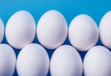 Yatay bir fotoğrafın mavi arkaplanındaki tavuk yumurtalarının yakın çekimi. Yumurtalar beyaz, çiğ ve bütün.