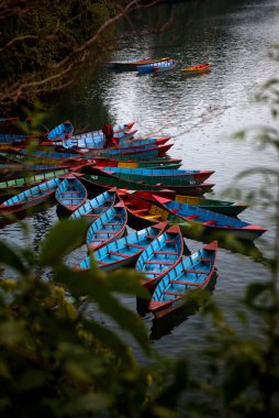 Phewa Gölü 'ne parkedilmiş renkli ahşap botlar, Pokhara, Nepal' deki tecrit etkisi