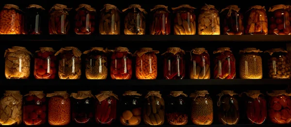 Local traditional food concept - glass jars with pickled vegetables — Stock Image Local Traditional Food Concept Glass Jars Pickled Vegetables Stock Image