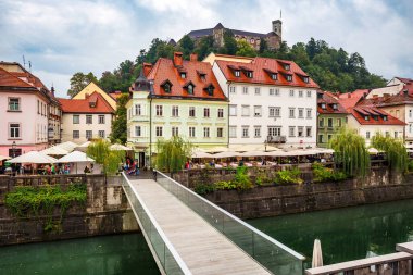 Slovenya 'nın kasvetli bir gününde, ünlü şatosu ve Ljubljanica Nehri ile antik şehir merkezi Ljubljana' daki renkli tarihi binaların güzel panoramik manzarası