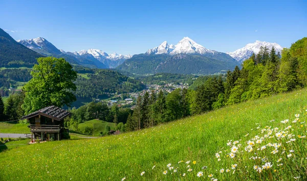 Vista Panorámica Clásica Del Idílico Paisaje Montaña Los Alpes Bávaros — Foto de Stock