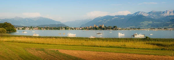 Vistas Panorámicas Panorámicas Barcos Barcos Turísticos Lago Zurich Con Histórica — Foto de Stock