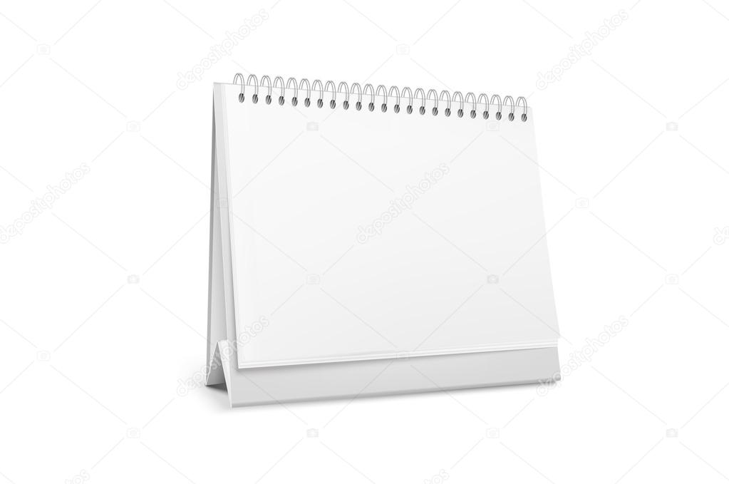 Realistic white blank standing desk calendar with a spiral. Vector EPS10 illustration.
