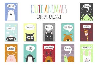 Tebrik kartları set - sevimli hayvanlar. Vektör el çekilmiş şablonu için parti, scrapbooking vb.