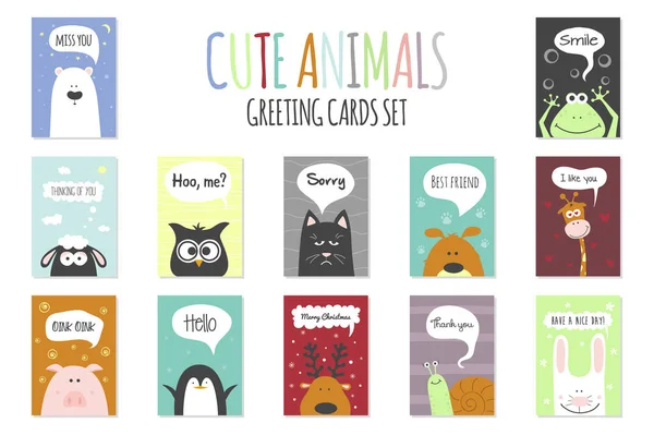 Jeu de cartes de voeux - animaux mignons. Modèle vectoriel dessiné à la main pour fête, scrapbooking, etc. . — Image vectorielle