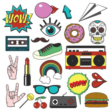 Retro yama rozetleri ayarlayın. Karikatür simgeleri, çıkartmalar ve vintage komik tarzı çizgili topluluğu.