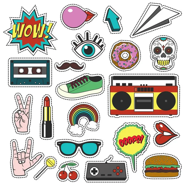 Retro patch badges instellen. Verzameling cartoon pictogrammen, stickers en strepen in vintage komische stijl. — Stockvector