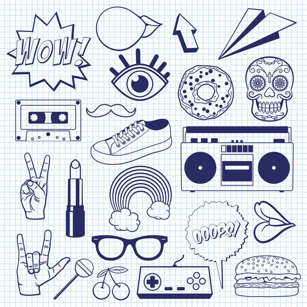Retro cartoon icons on a squared notebook sheet. Sketch of vintage signs and symbols. — Stock Vector