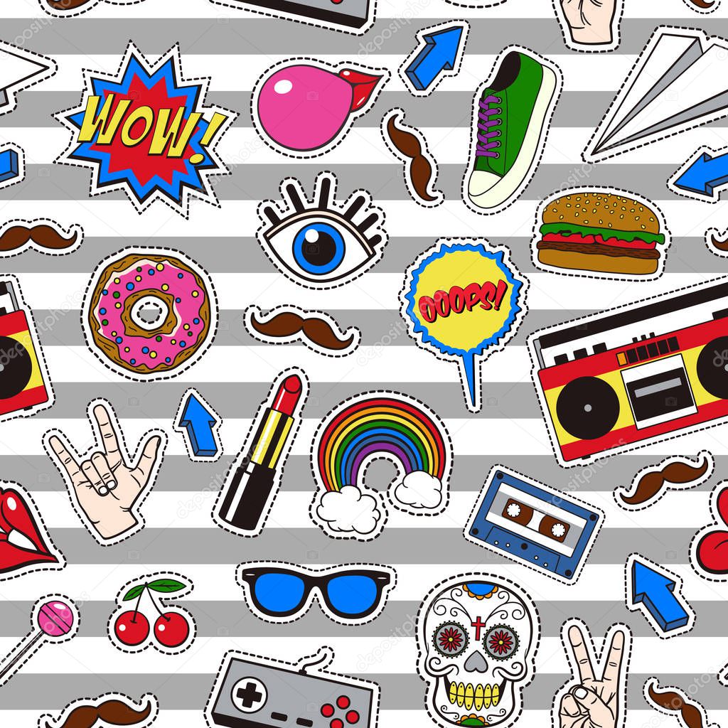 Seamless pattern with retro patch badges in vintage comic style