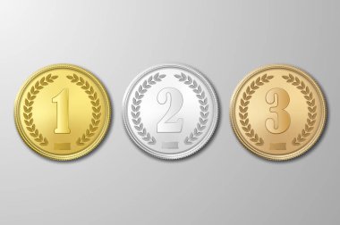 Vektör altın, gümüş ve bronz madalya gri arka plan üzerinde ayarla Ödülü. Birinci, ikinci, üçüncü ödüller:.