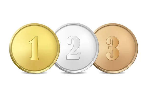 Векторные золотые, серебряные и бронзовые медали набора изолированы на белом фоне. Первая, вторая, третья премии . — стоковый вектор