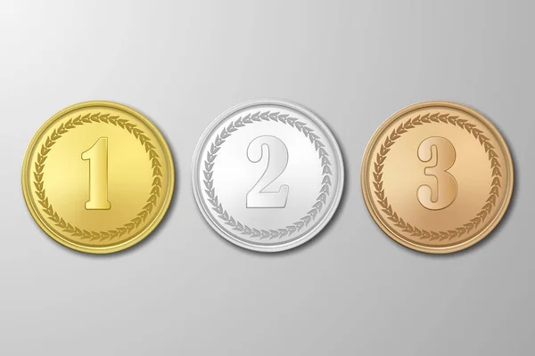 Medallas de oro, plata y bronce Vector fijadas sobre fondo gris. El primer, segundo, tercer premio . — Vector de stock