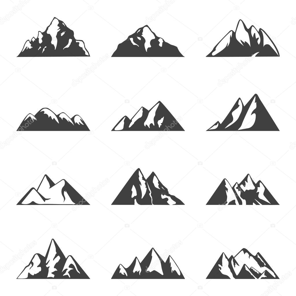 Vector mountain set. Simple black and white icons or design templates. Travel, hiking, camping theme.