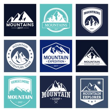 Dağ seyahat, açık maceralarını logo koymak. Yürüyüş ve etiketleri veya simgeler turizm kuruluşları, etkinlikler, leisure kamp için tırmanma.