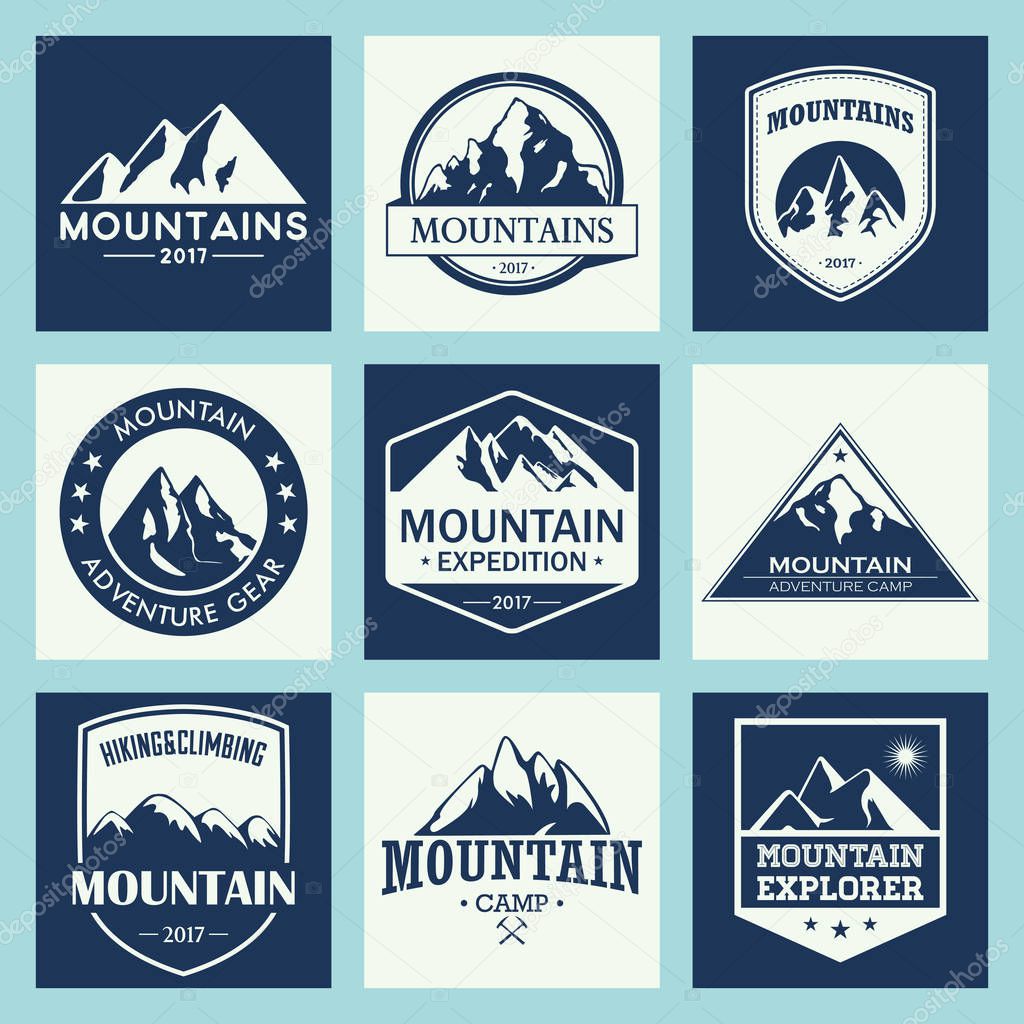 Mountain travel, outdoor adventures logo set. Hiking and climbing labels or icons for tourism organizations, events, camping leisure.