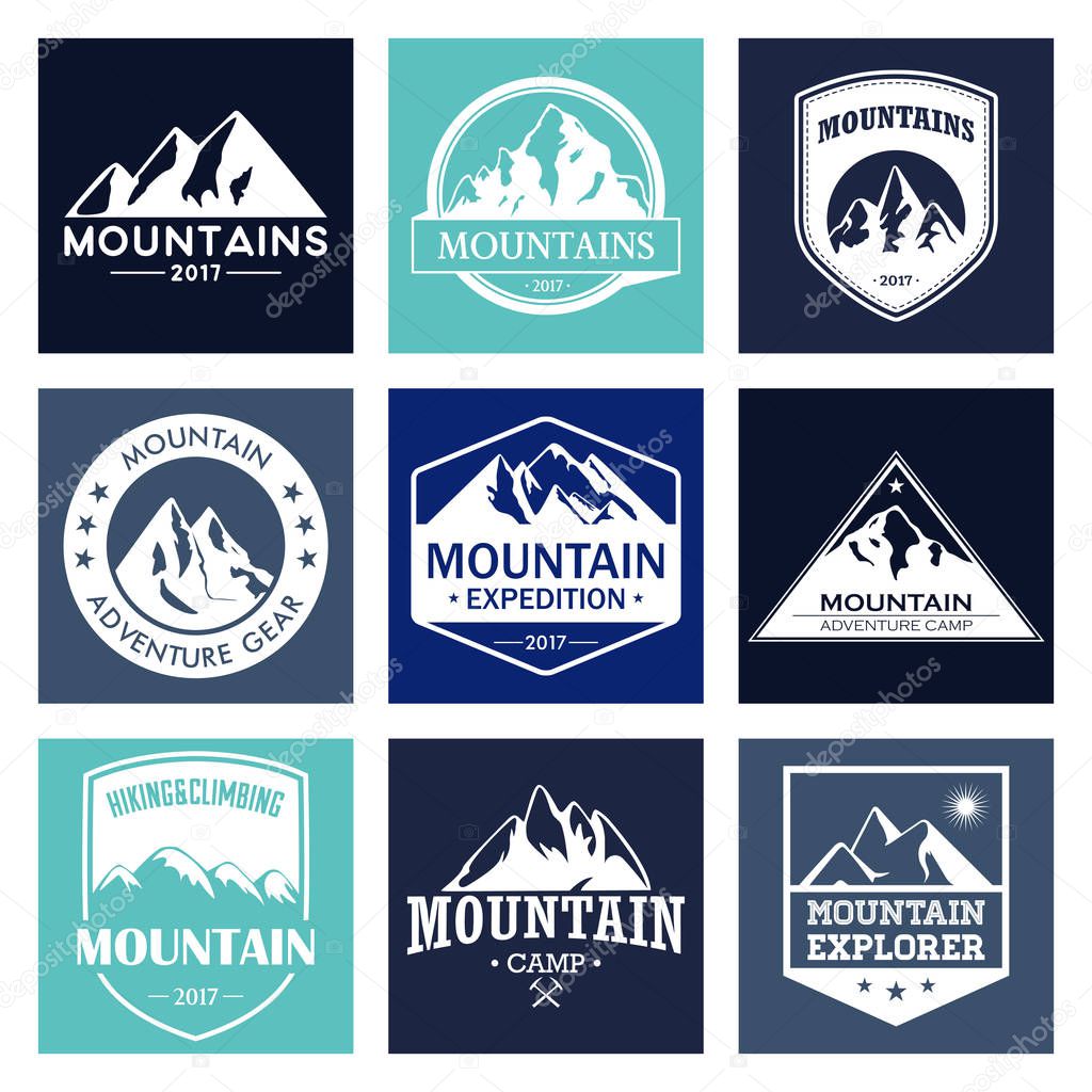 Mountain travel, outdoor adventures logo set. Hiking and climbing labels or icons for tourism organizations, events, camping leisure. Vector EPS8 illustration.