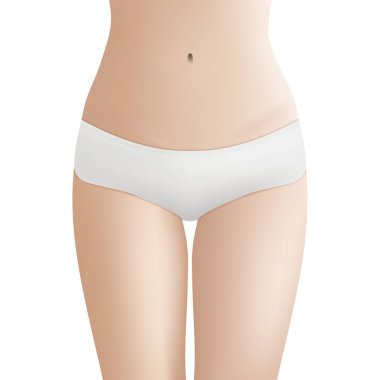 Güzel kadın s beden bikini beyaz külot. Gerçekçi vektör tasarım şablonu. Kadın sağlığı ve Hijyen Intimate kavramı.