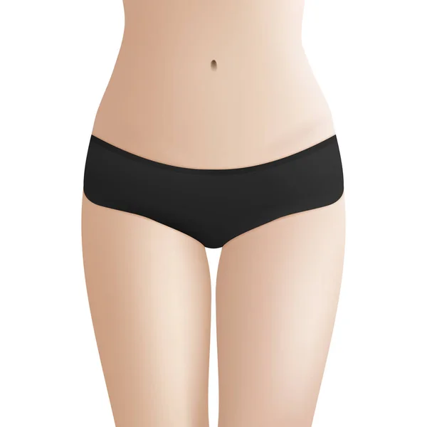 Hermoso cuerpo de mujer en bikini negro bragas. Plantilla de vector realista para el diseño. Salud de las mujeres y concepto de higiene íntima . — Vector de stock