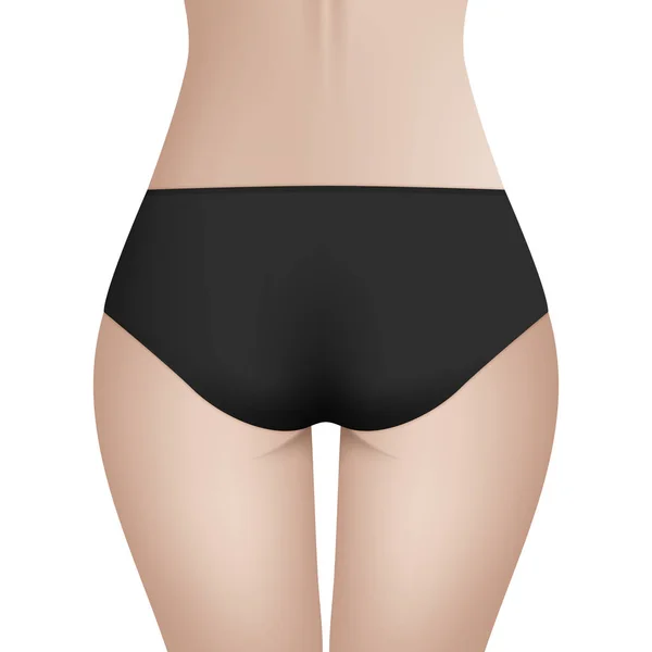 Hermoso cuerpo de mujer en bikini negro bragas. Plantilla de vector realista para el diseño. Salud de las mujeres y concepto de higiene íntima . — Vector de stock