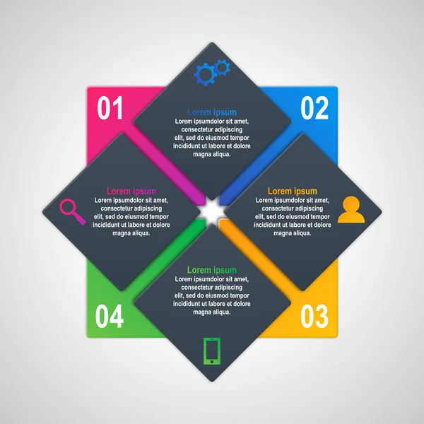 Modello di infografica vettoriale con quattro opzioni in stile di progettazione dei materiali. Può essere utilizzato come grafico, banner numerato, presentazione, grafico, report, web design ecc . — Vettoriale Stock