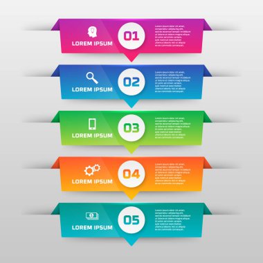 Vektör infographics malzeme tasarım tarzında beş seçenek şablonu. Numaralı afiş, tanıtım, grafik, rapor, web tasarımı vb grafik olarak kullanılabilir.