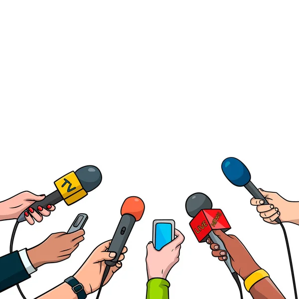 Journalism concept vector illustration in pop art comic style. Set of hands holding microphones and voice recorders. Hot news template, isolated on white background. — Stock Vector