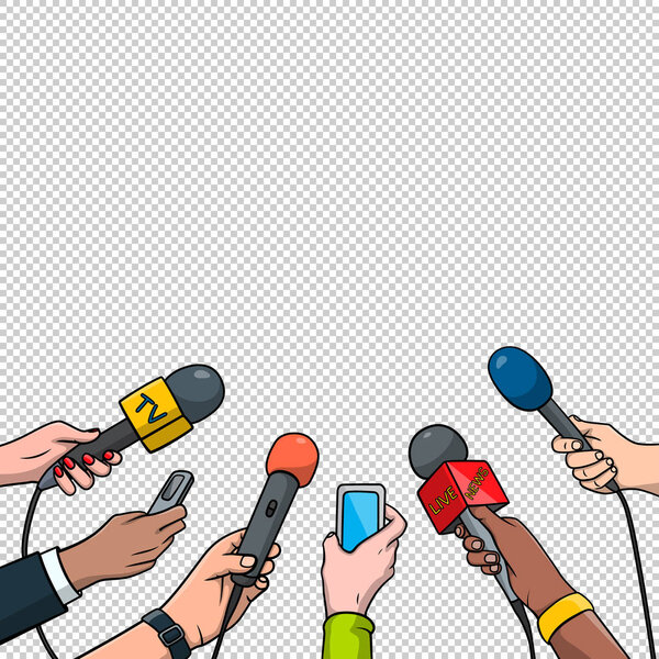 Journalism concept vector illustration in pop art comic style. Set of hands holding microphones and voice recorders. Hot news template.