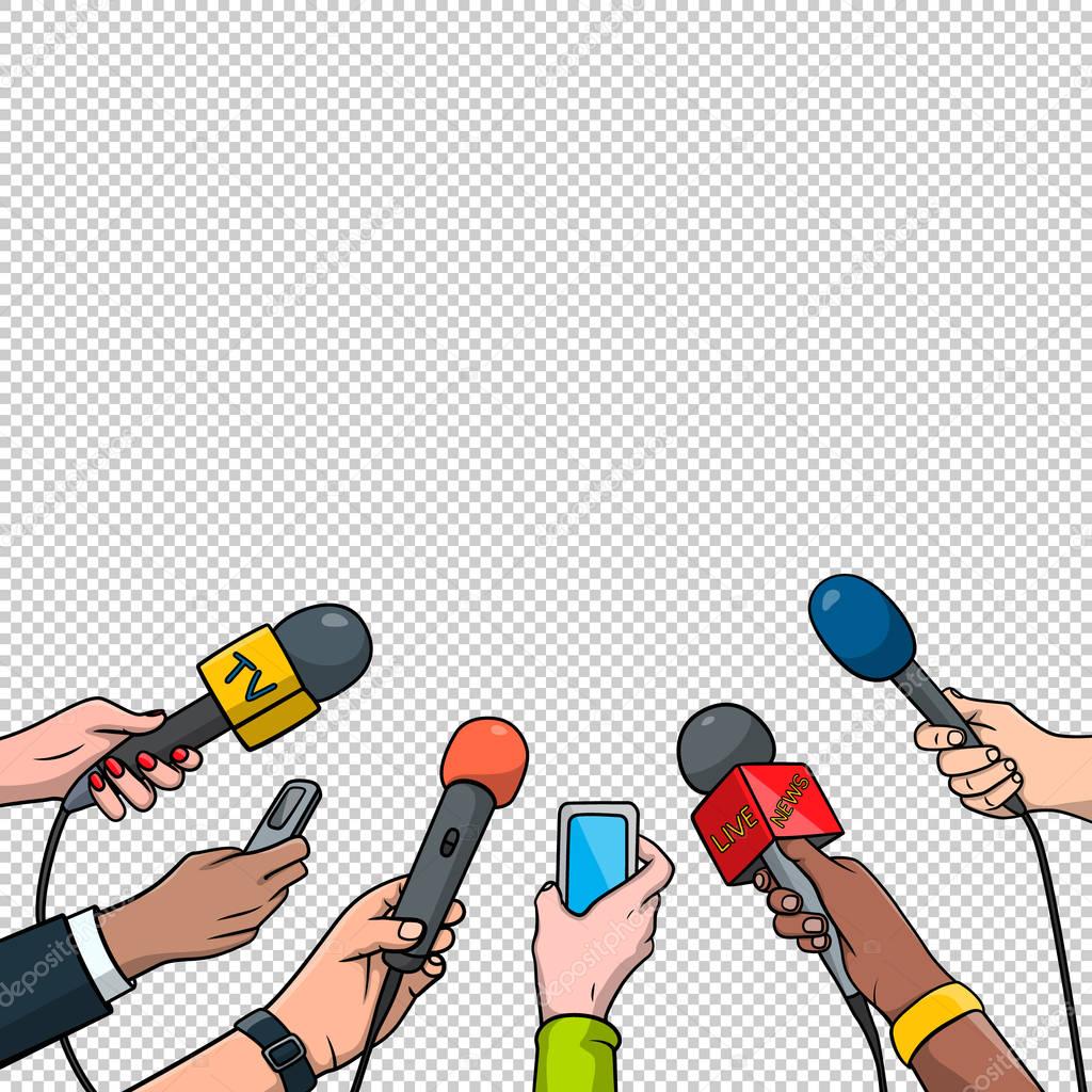 Journalism concept vector illustration in pop art comic style. Set of hands holding microphones and voice recorders. Hot news template.