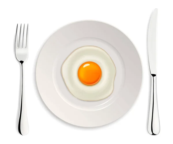 Realistic vector fried egg icon on a plate with fork and knife. Design template. — Stock Vector