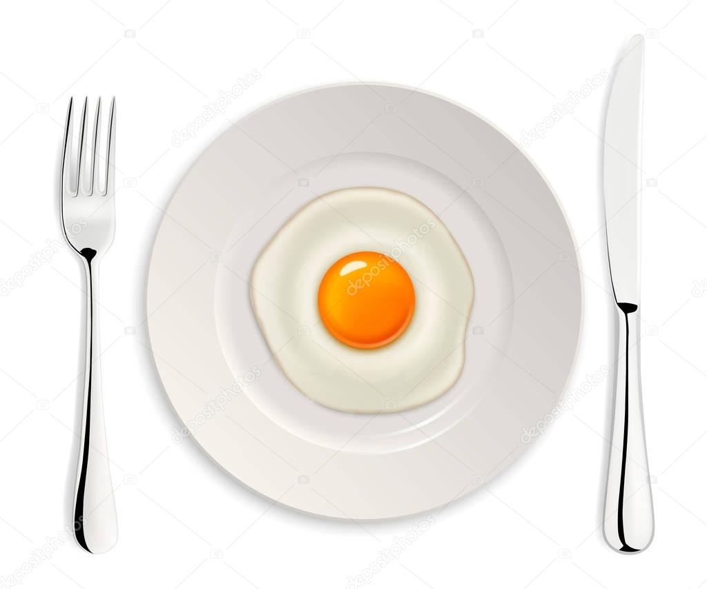 Realistic vector fried egg icon on a plate with fork and knife. Design template.
