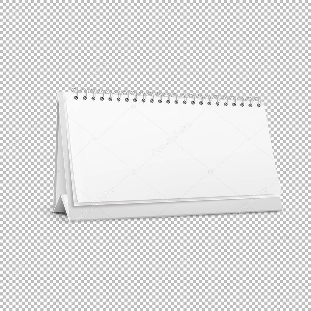 Vector realistic horizontal standing blank spiral table calendar isolated on on white background. Vector EPS10 illustration.