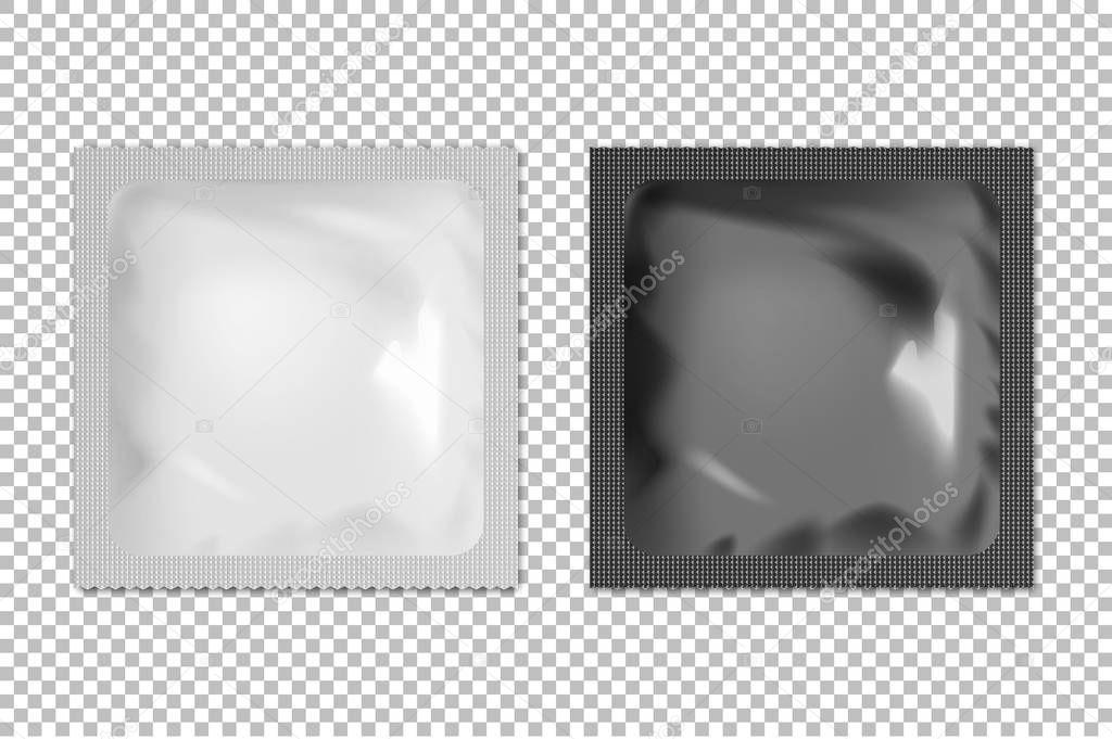 Realistic vector blank white and black foil wet wipes, food packing or condom template set isolated. EPS10 illustration.