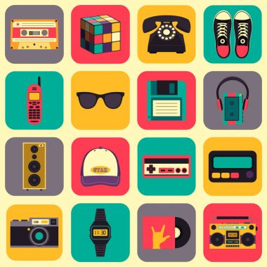 Vektör eski stil ekipmanları, aksesuarları ve şeyler simgeler kümesi. Eski okul düz stil koleksiyonunda. Eps10 tasarım şablonları.