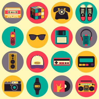 Vektör eski stil ekipmanları, aksesuarları ve şeyler simgeler kümesi. Eski okul düz stil koleksiyonunda. Eps10 tasarım şablonları.