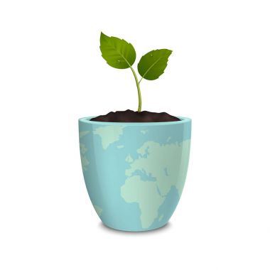 Ekoloji kavramı. Dünya günü, dünya çevre günü, Earth kaydetmek veya yeşil gün. Vektör arka plan beyaz arka plan üzerinde izole dünyanın bir baskı ile bir çiçek tencerede Filiz ile. Eps10.