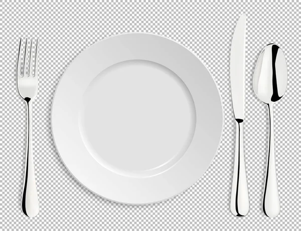 Реалистичная пустая векторная тарелка с ложкой, ножом и вилкой изолирована. Шаблон дизайна в EPS10 . — стоковый вектор