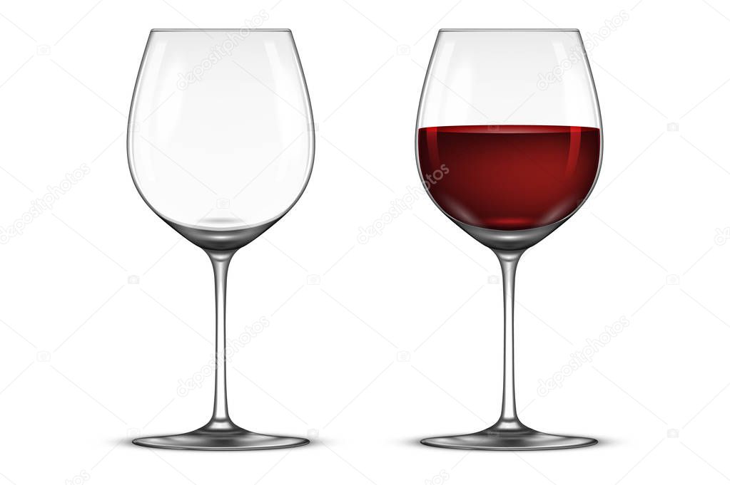 Vector realistic wineglass icon set - empty and with red wine, isolated on white background. Design template in EPS10.