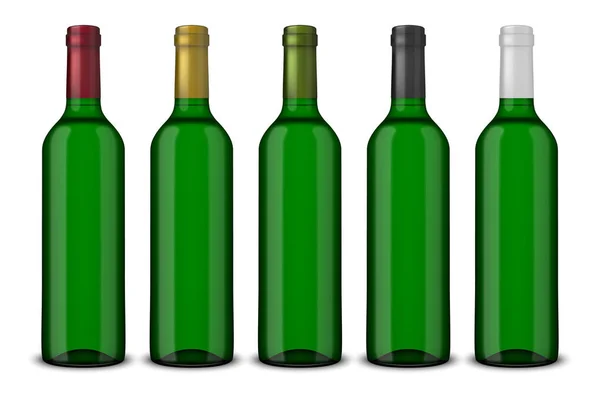 Set 5 realistic vector green bottles of wine without labels isolated on white background. Design template in EPS10. — Stock Vector