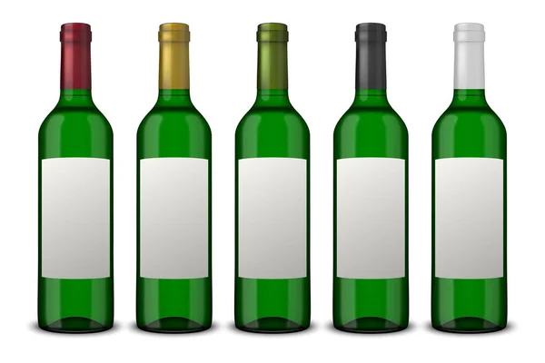 Set 5 realistic vector green bottles of wine with white labels isolated on white background. Design template in EPS10. — Stock Vector
